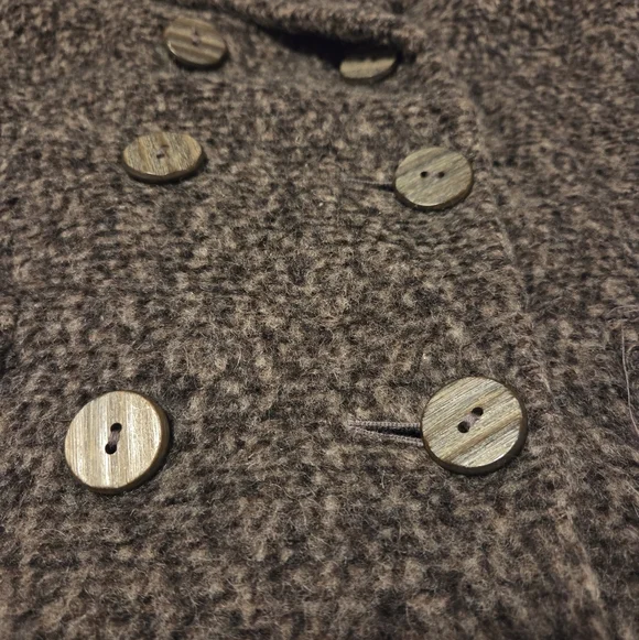 Jaeger Vintage Wool Double Breasted Tweed Pea Coat Gray Women's 6 Wooden Buttons